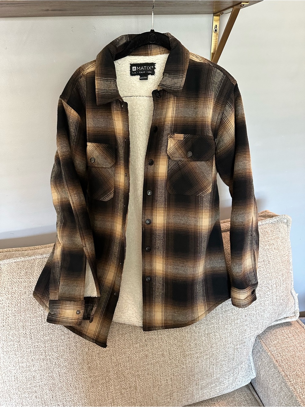 Matix Brown and Cream Plaid Sherpa-Lined Button-Down